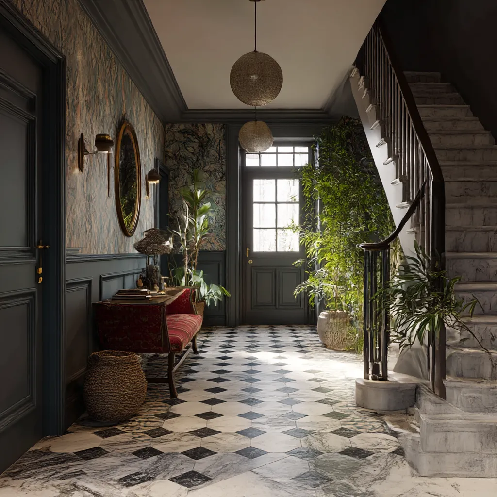 eclectic marble stair hall