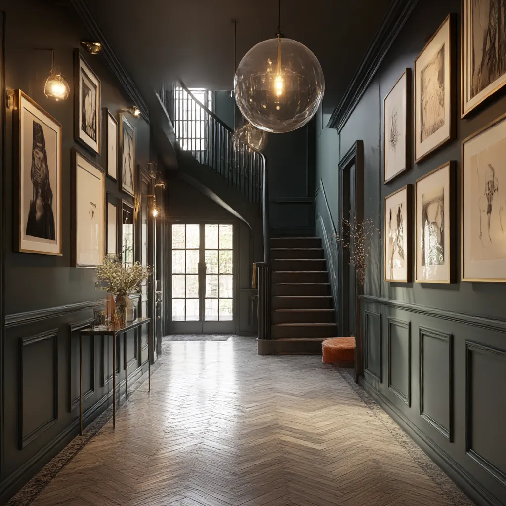 moody elegant dark panelled hallway