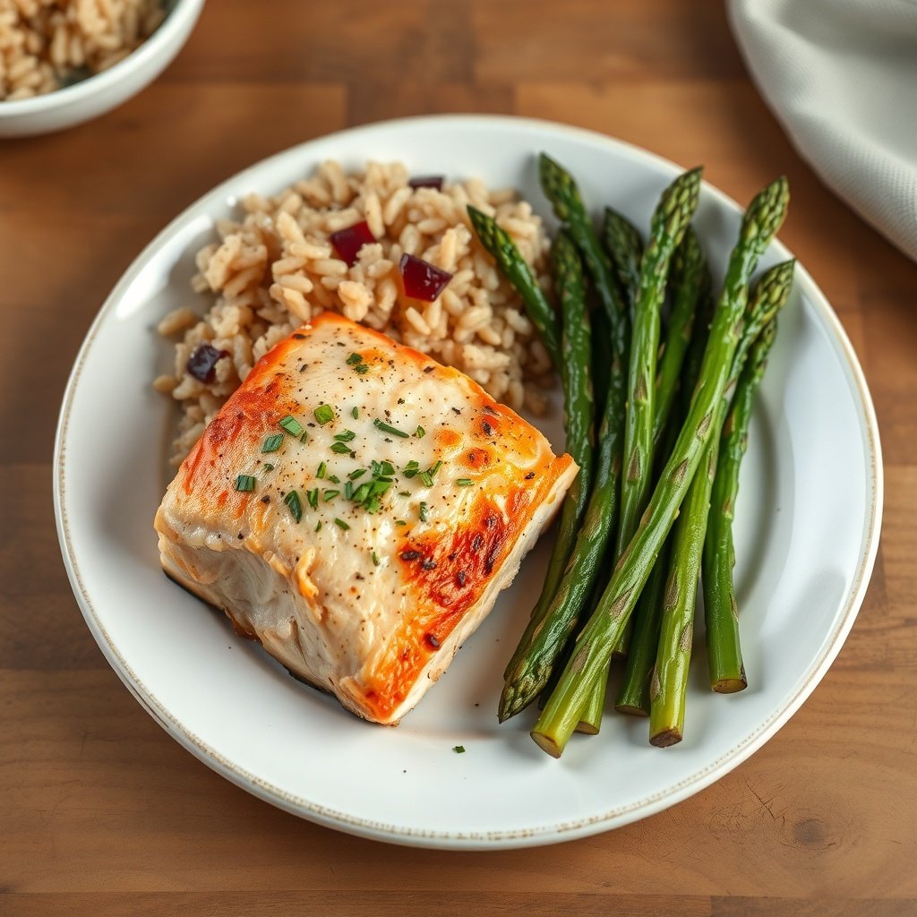 baked salmon with asparagus and brown rice