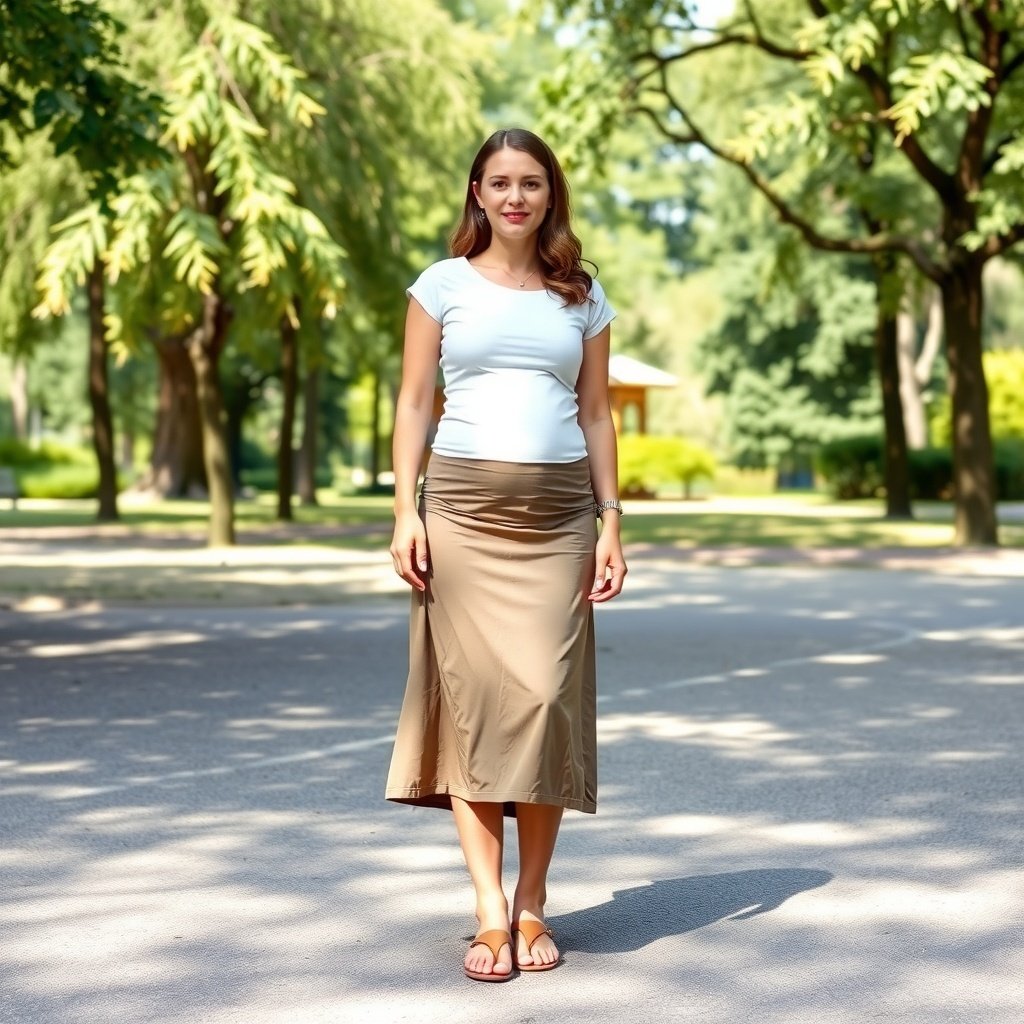 midi skirt stretch waist basic tee tucked in fla