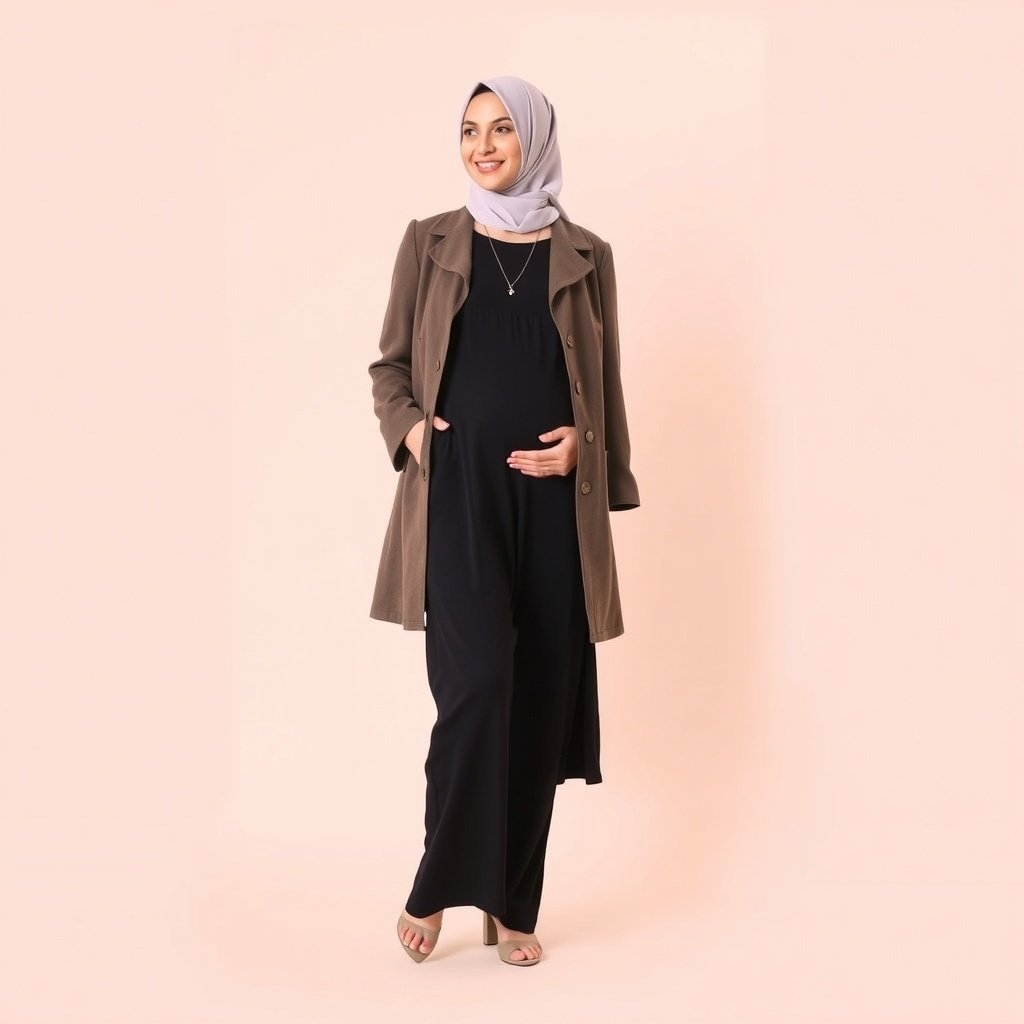 modest maternity jumpsuit with a longline blazer