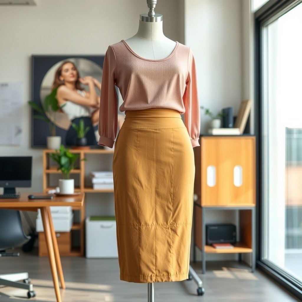 pencil skirt with a stretchy waistband and a top