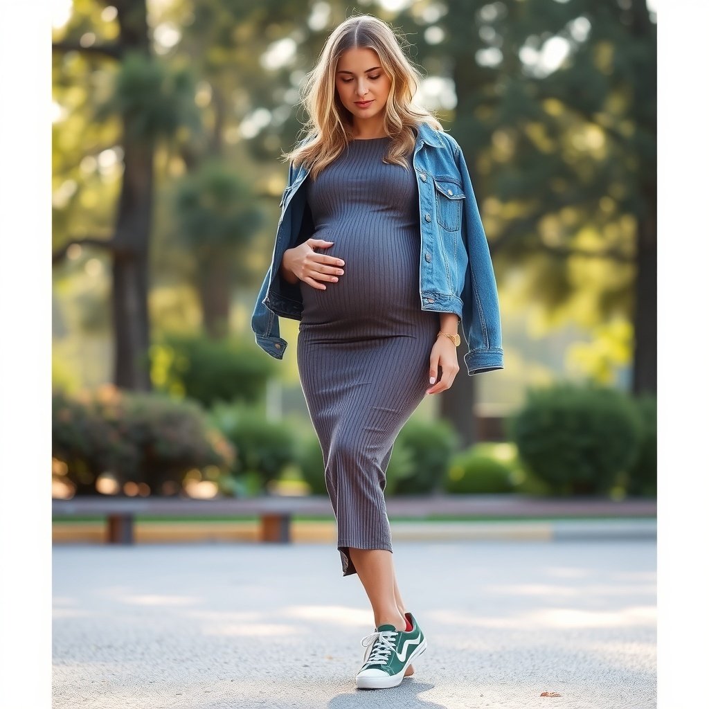 ribbed maternity dress denim jacket sneakers