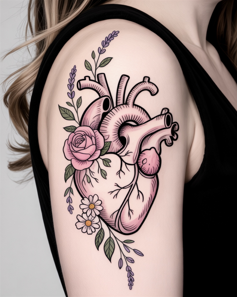 Anatomical Heart With Flowers Tattoo