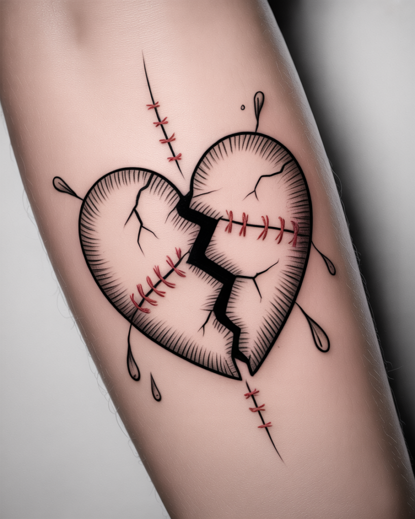 Broken Heart With Stitches Tattoo