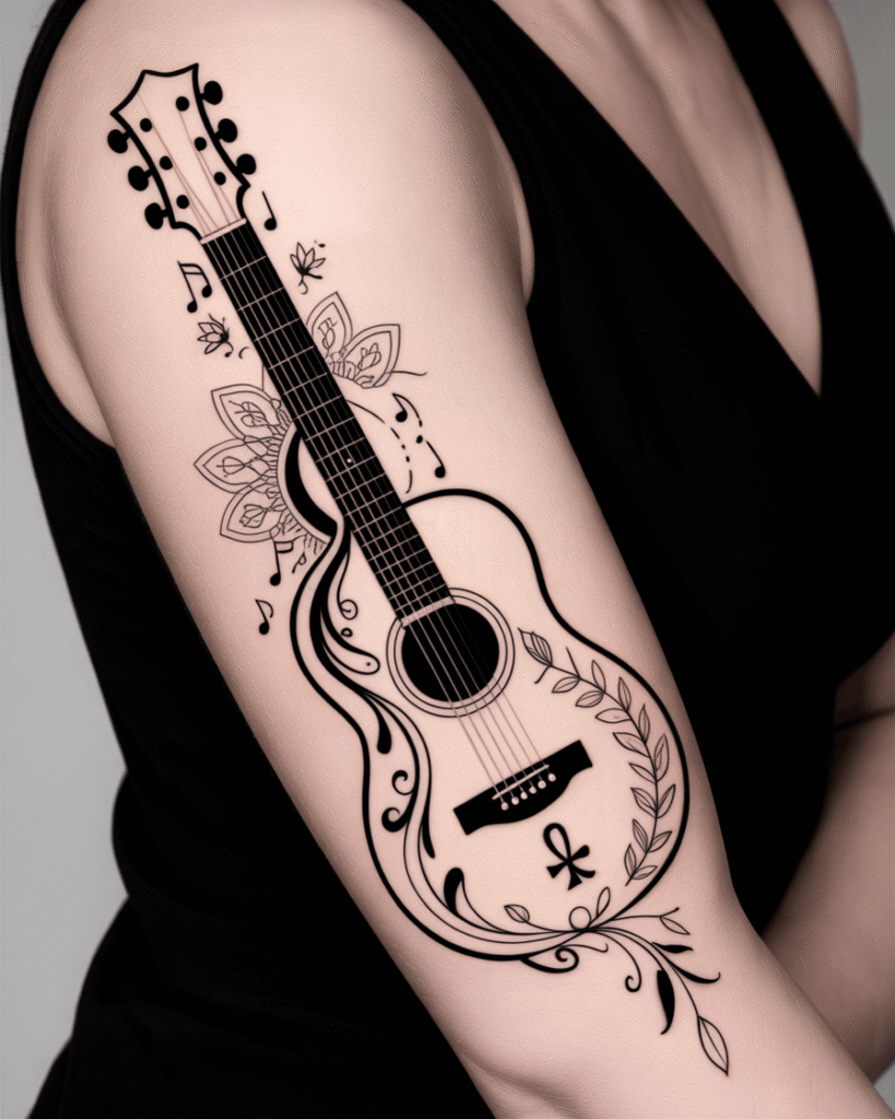 Guitar Tattoo With Healing Symbols