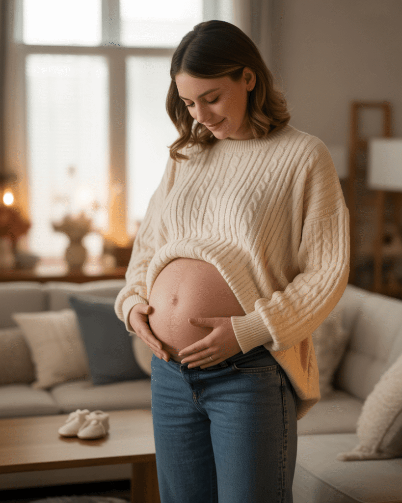 Jeans and a Cozy Sweater for a Casual At Home Announcement