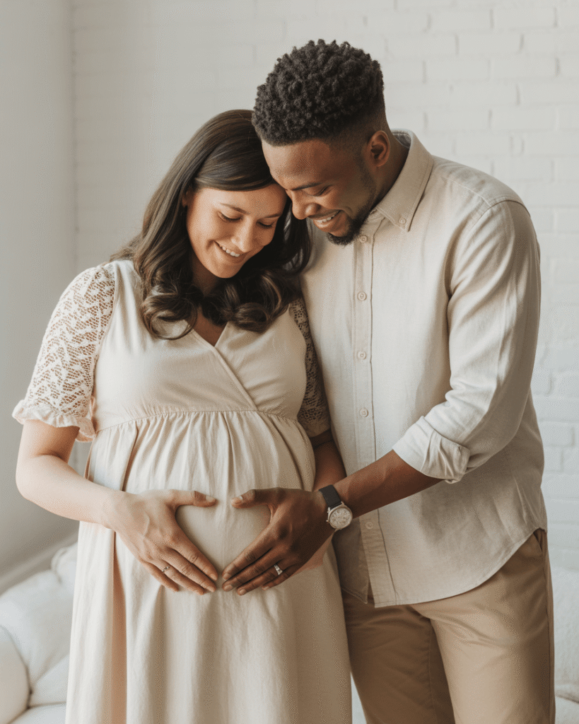 Matching Neutral Outfits for a Clean Family Announcement