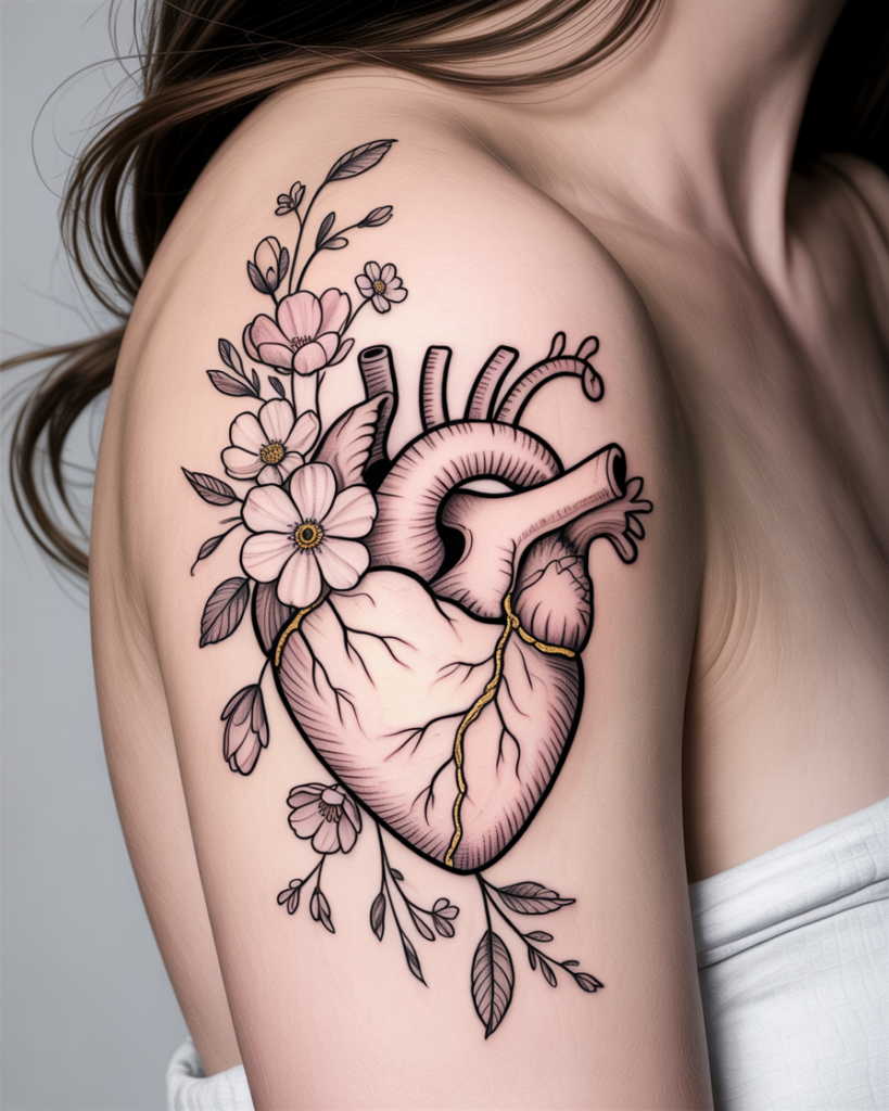 Mended Heart With Flowers Tattoo