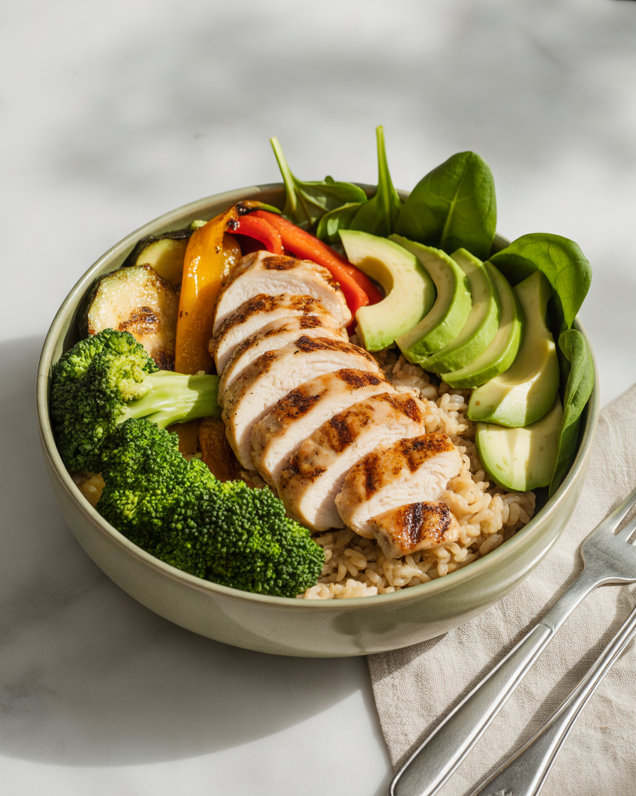 Grilled-Chicken-Breast-Bowl-With-Vegetables-and-Brown-Rice