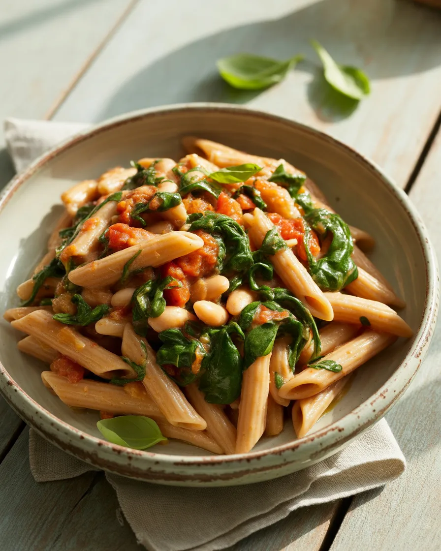 Whole-Wheat-Pasta-with-White-Beans-and-Spinach