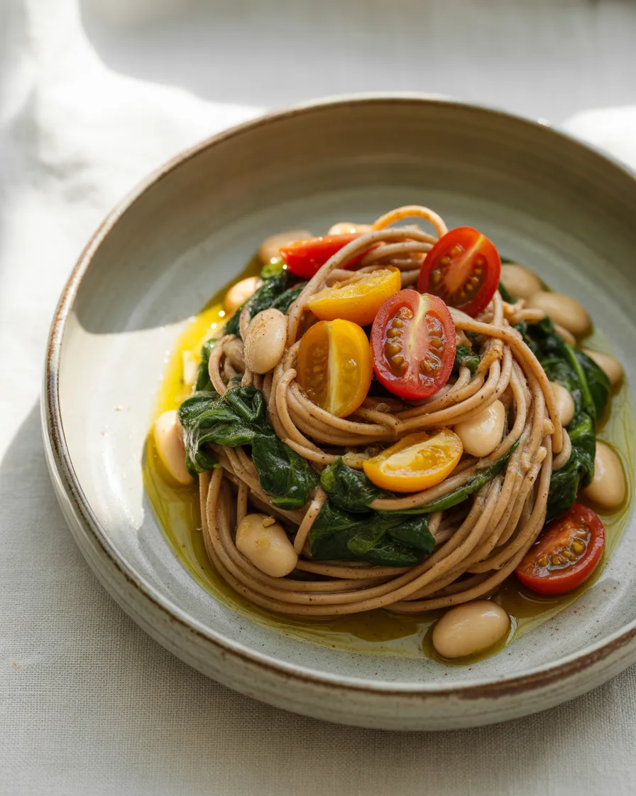 Whole-Wheat-Spaghetti-With-Cherry-Tomatoes-Spinach-and-White-Beans